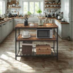 Pirlo Plush Industrial 3 Tier Kitchen Storage Island with Shelves Rustic in Brown - thumbnail 2