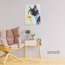 "Artery8 Tuxedo Cat Lover Bright Watercolour Canvas Wall Art Print - Size: W18"" x H24""" - thumbnail 3