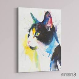 "Artery8 Tuxedo Cat Lover Bright Watercolour Canvas Wall Art Print - Size: W18"" x H24""" - thumbnail 2
