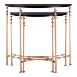 Orsina Set of Two Half Round Console Tables, Boutique Style Rose Gold Accent Tables with Matte Black MDF Top