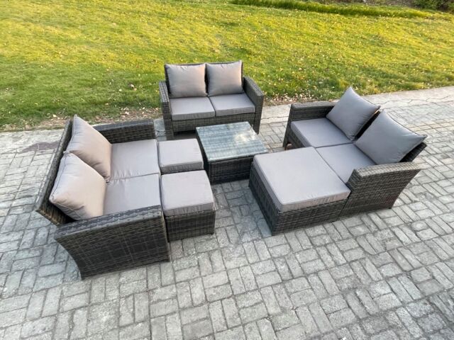 Fimous Outdoor Lounge Sofa Set Wicker PE Rattan Garden Furniture Set with Square Coffee Table Double Seat Sofa 3 Footstools in Dark Grey - image 1