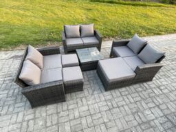 Fimous Outdoor Lounge Sofa Set Wicker PE Rattan Garden Furniture Set with Square Coffee Table Double Seat Sofa 3 Footstools in Dark Grey - thumbnail 1