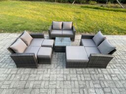 Fimous Outdoor Lounge Sofa Set Wicker PE Rattan Garden Furniture Set with Square Coffee Table Double Seat Sofa 3 Footstools in Dark Grey - thumbnail 2
