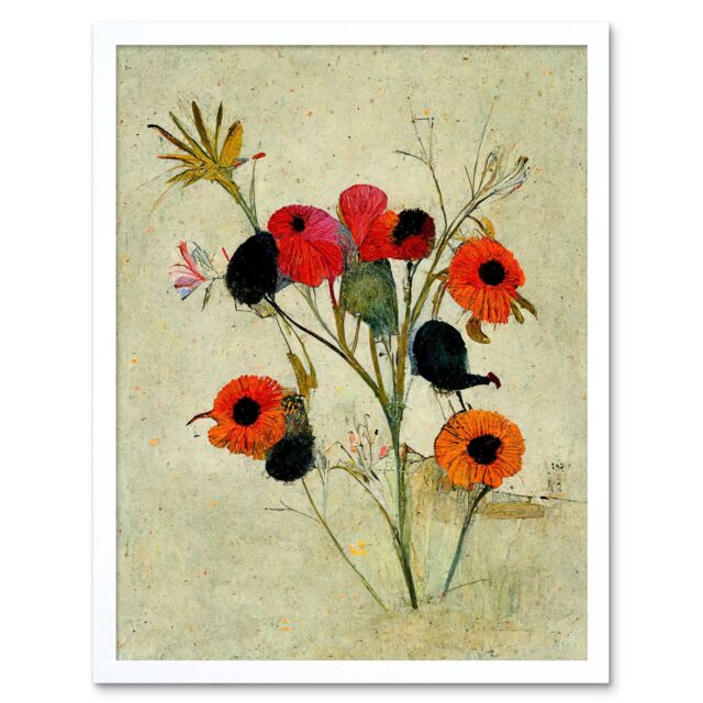 "Artery8 Wall Art Print Poppy Flowers Colourful Floral Abstract Art Framed in White - Size: W12"" x H16""" - image 1