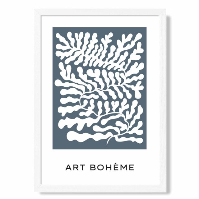 ARTZE Blue & White Matisse Style Floral Cutout Framed Print SIZE: A2 with White Frame in Mid Blue - Size: A4 - image 1