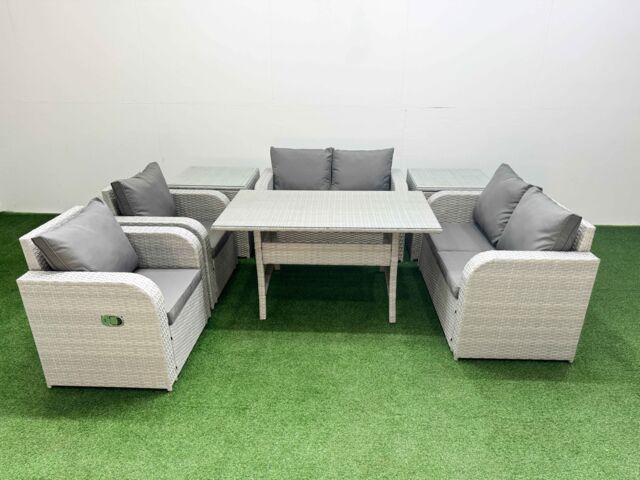 Fimous 6 Seater Outdoor Reclining Chair Love Sofa Set Rattan Garden Furniture Set with Rectangular Dining Table 2 Side Tables Light Grey - image 1
