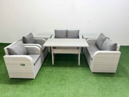 Fimous 6 Seater Outdoor Reclining Chair Love Sofa Set Rattan Garden Furniture Set with Rectangular Dining Table 2 Side Tables Light Grey - thumbnail 1