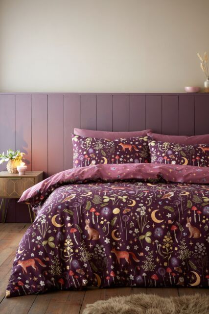Catherine Lansfield 'Enchanted Twilight Animals' Reversible Duvet Cover Set in Plum - Size: Double - image 1
