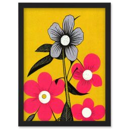 Artery8 Bold Flowers Linocut Pink & Mustard Yellow Print Artwork Framed Wall Art Print A4 in Black - thumbnail 1