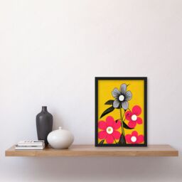 Artery8 Bold Flowers Linocut Pink & Mustard Yellow Print Artwork Framed Wall Art Print A4 in Black - thumbnail 2