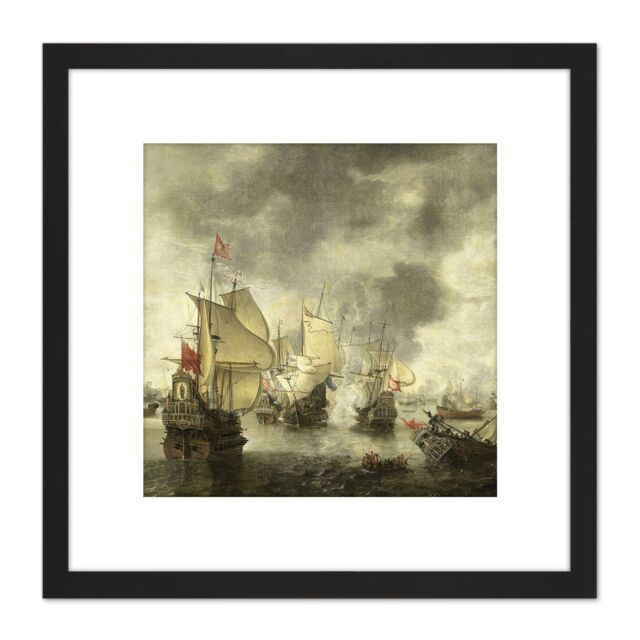 Artery8 Beerstraten Battle Venice Dutch Ships Bay Foya 8X8 Inch Square Wooden Framed Wall Art Print Picture with Mount in Black - image 1