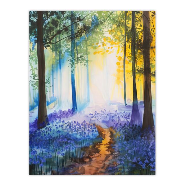 "Artery8 Bluebell Woods Misty Forest Morning Watercolour Wall Art Print - Size: W24"" x H32""" - image 1