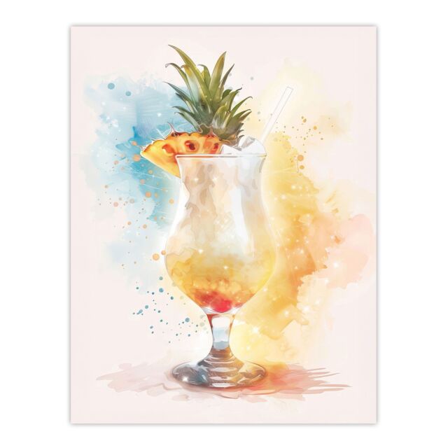"Artery8 Pina Colada Pineapple Slice Cocktail Watercolour Wall Art Print in Yellow - Size: W24"" x H32""" - image 1