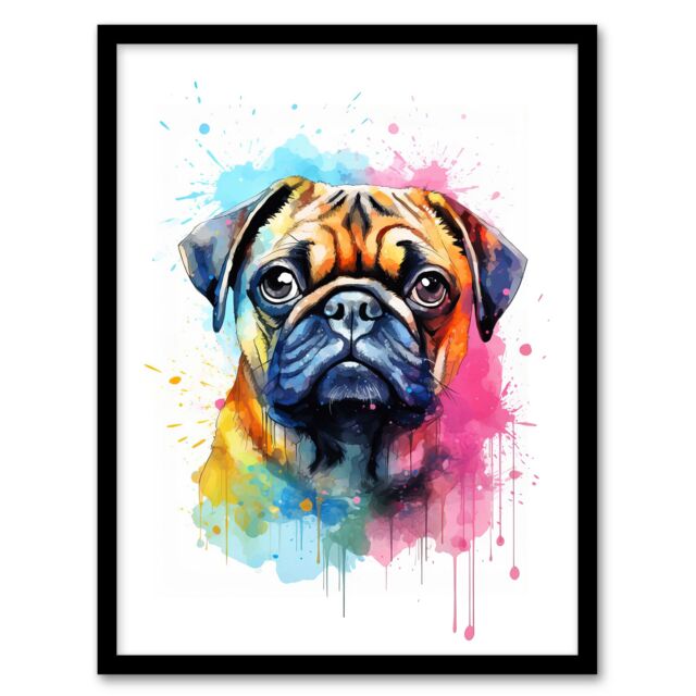 "Artery8 Wall Art Print Pug Lovers Gift Watercolour Pet Portrait Painting Artwork Art Framed - Size: W12"" x H16""" - image 1