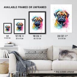 "Artery8 Wall Art Print Pug Lovers Gift Watercolour Pet Portrait Painting Artwork Art Framed - Size: W12"" x H16""" - thumbnail 3