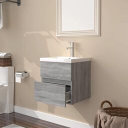 Berkfield Home Sink Cabinet with Built-in Basin Grey Sonoma Engineered Wood in Brown - thumbnail 4
