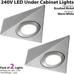 Loops 2x BRUSHED NICKEL Triangle Surface Under Cabinet Kitchen Light Kit - 240V Mains Powered - Warm White LED in Metallics - thumbnail 2