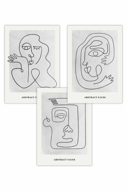 ARTZE Set of 3 Grey Abstract Line Art Faces Art Posters in Light Grey - Size: W50 cm x H70 cm - image 1
