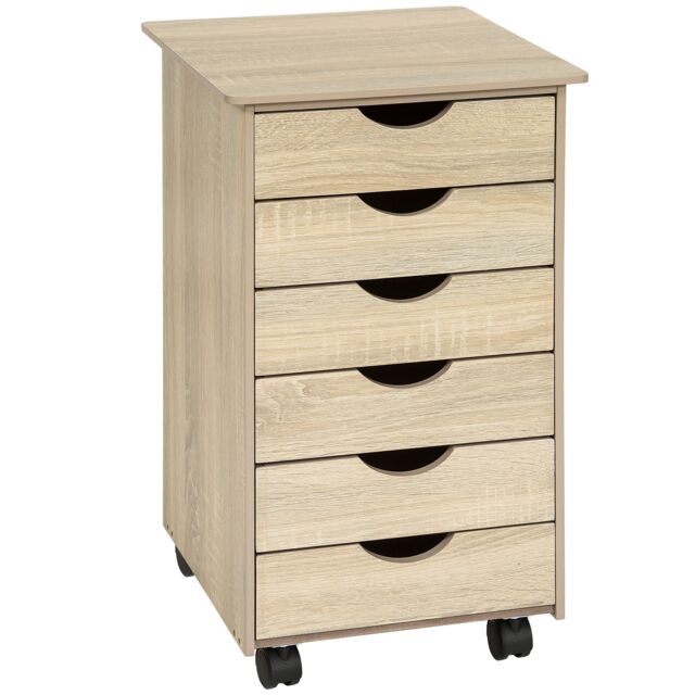 tectake Chest of Drawers, 6 Drawer Wooden Filing Cabinet with 4 Swivel Wheels in Light Oak - image 1