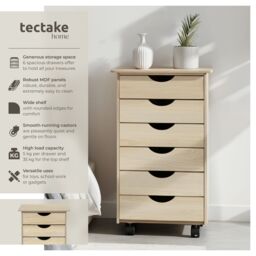 tectake Chest of Drawers, 6 Drawer Wooden Filing Cabinet with 4 Swivel Wheels in Light Oak - thumbnail 2