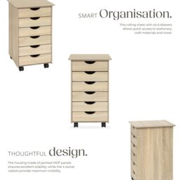 tectake Chest of Drawers, 6 Drawer Wooden Filing Cabinet with 4 Swivel Wheels in Light Oak - thumbnail 3