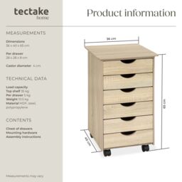 tectake Chest of Drawers, 6 Drawer Wooden Filing Cabinet with 4 Swivel Wheels in Light Oak - thumbnail 6