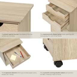 tectake Chest of Drawers, 6 Drawer Wooden Filing Cabinet with 4 Swivel Wheels in Light Oak - thumbnail 5