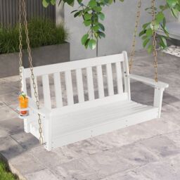 Costway 2 Person HDPE Porch Swing Outdoor Patio Hanging Chair w/ Adjustable Chain in White - thumbnail 4