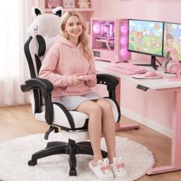NESTLUNE Cute Gaming Chair with Dog Ears, Height Adjustable in White - Size: 100 cm x 15 cm - thumbnail 6