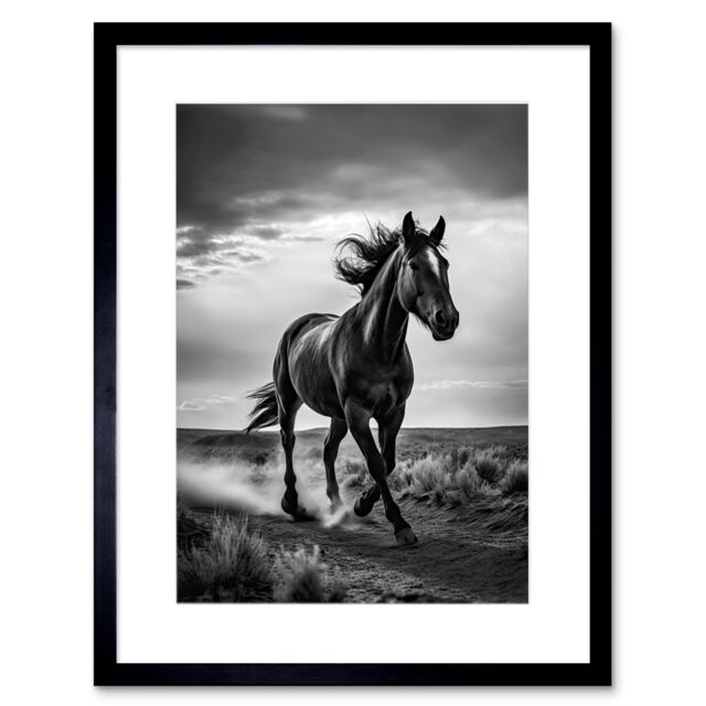 "Artery8 Wall Art Print Horse Galloping Desert Landscape Black & White Artwork Framed 9X7 Inch - Size: W7"" x H9""" - image 1