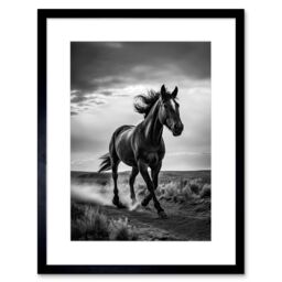 "Artery8 Wall Art Print Horse Galloping Desert Landscape Black & White Artwork Framed 9X7 Inch - Size: W7"" x H9""" - thumbnail 1