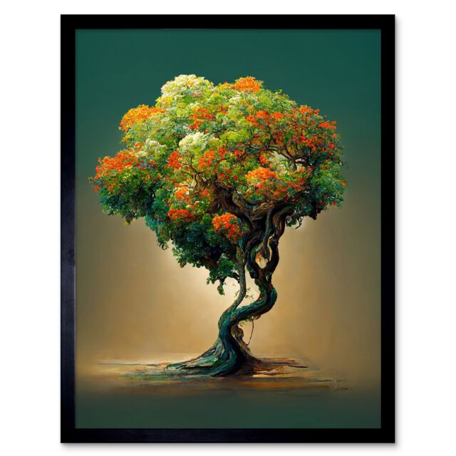 "Artery8 Wall Art Print Ethereal Bonsai Lone Tree Green Orange Art Framed in Black - Size: W12"" x H16""" - image 1