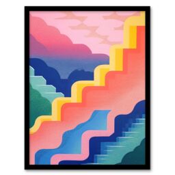 Artery8 Wall Art Print Stairway To Heaven Colourful Abstract Risograph Screen Art Framed in Black - Size: A4 - thumbnail 1