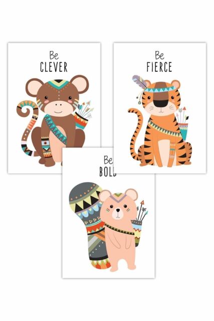 ARTZE Men's Set of 3 Nursery Tribal Monkey, Tiger, Squirrel Quote Art Posters in Orange - Size: W50 cm x H70 cm - image 1