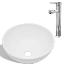 Berkfield Home Bathroom Basin with Mixer Tap Ceramic Round White - thumbnail 2