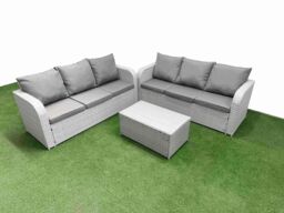 Fimous Outdoor Garden Furniture Sets 6 Seater Wicker Rattan Furniture Sofa Sets with Rectangular Coffee Table high Back Lounge Sofa Light Grey - thumbnail 1