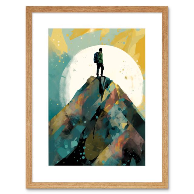 "Artery8 Wall Art Print Hiker on Mountain Peak Modern Watercolour Painting Artwork Framed 9X7 Inch in Beige - Size: W7"" x H9""" - image 1