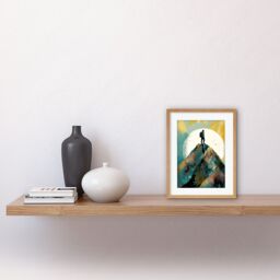 "Artery8 Wall Art Print Hiker on Mountain Peak Modern Watercolour Painting Artwork Framed 9X7 Inch in Beige - Size: W7"" x H9""" - thumbnail 2