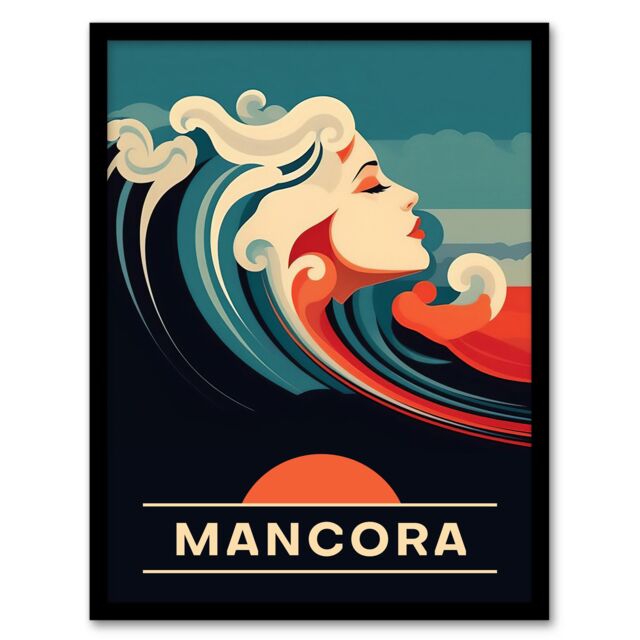 Artery8 Wall Art Print The Seaside Calls Mancora Beach Peru Sunset Woman of the Waves Sea Siren Ocean Art Framed in Blue - Size: A4 - image 1
