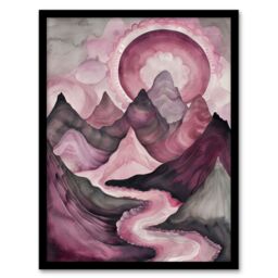 Artery8 Purple Fantasy Mountain Path Sunset Watercolour Framed Art Print in Pink - Size: A4 - thumbnail 1