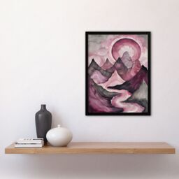 Artery8 Purple Fantasy Mountain Path Sunset Watercolour Framed Art Print in Pink - Size: A4 - thumbnail 4