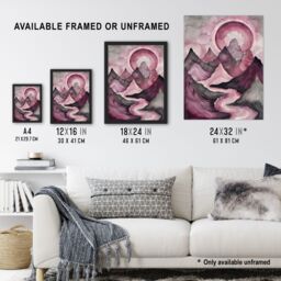 Artery8 Purple Fantasy Mountain Path Sunset Watercolour Framed Art Print in Pink - Size: A4 - thumbnail 3