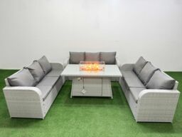 Fimous PE Rattan Lounge Sofa Set 9 Seater Outdoor Garden Furniture Set with Firepit Dining Table 3 Seater Sofa Light Grey - thumbnail 1