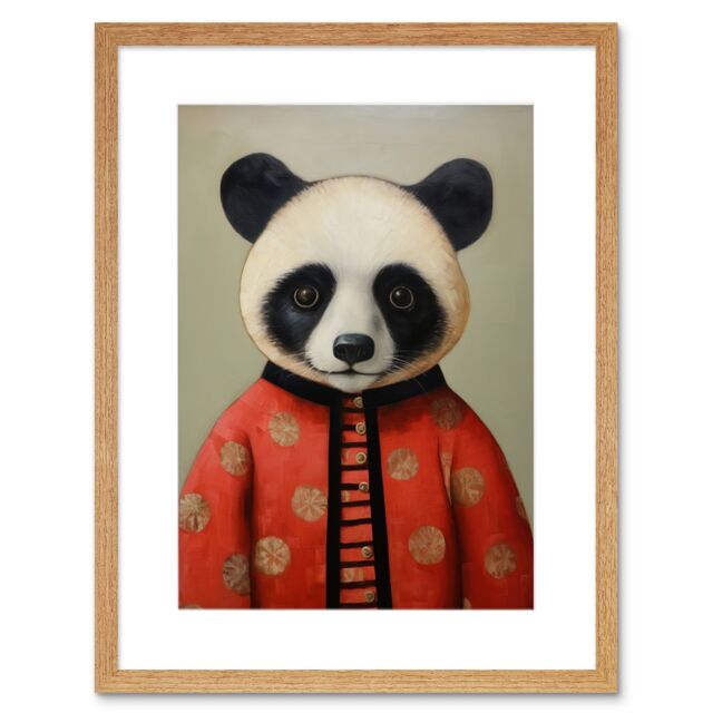 "Artery8 Wall Art Print Panda Cub in China Uniform Fun Kids Bedroom Artwork Framed 9X7 Inch in Beige - Size: W7"" x H9""" - image 1