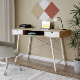 EONLION Mid-Century Wood Writing Desk with 2 Drawers Home Office in White - thumbnail 7