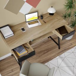 EONLION Mid-Century Wood Writing Desk with 2 Drawers Home Office in White - thumbnail 5