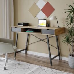 EONLION Mid-Century Wood Writing Desk with 2 Drawers Home Office in White - thumbnail 4