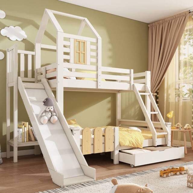Matteo Bunk Beds for Kids, Wooden Cabin Bed with Ladder & Slide in White - Size: Double - image 1