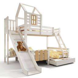 Matteo Bunk Beds for Kids, Wooden Cabin Bed with Ladder & Slide in White - Size: Double - thumbnail 6