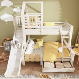 Matteo Bunk Beds for Kids, Wooden Cabin Bed with Ladder & Slide in White - Size: Double - thumbnail 8